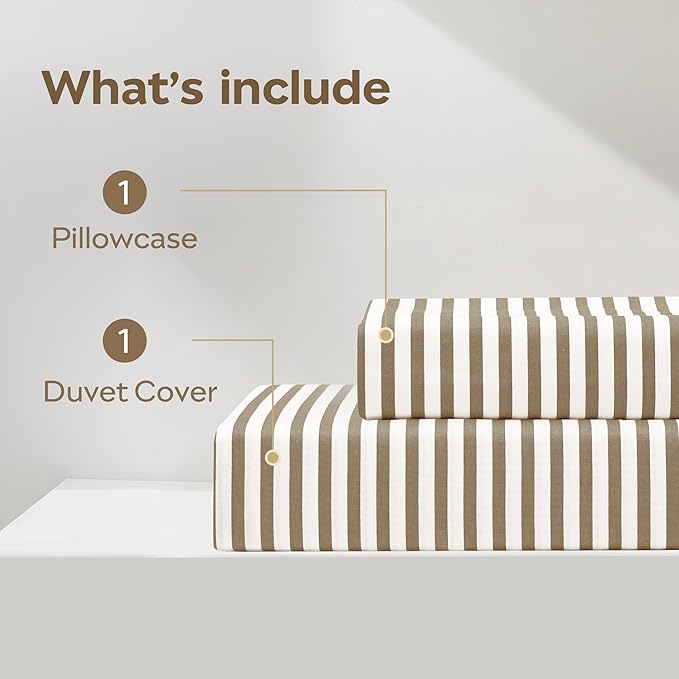 JELLYMONI 100% Natural Cotton Striped Duvet Cover Sets,White Duvet Cover with Khaki Stripes Pattern Printed Comforter Cover,with Zipper Closure & Corner Ties(Twin XL 66×92 Inch)
