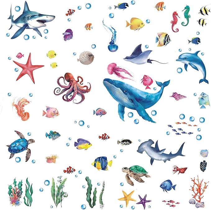 110 Pieces Under The Sea Wall Decals, Ocean Fish Jellyfish Starfish Coral Reef Seaweed Removable Stickers for Kids Baby Boys Bedroom Nursery Living Room, Sea Life Marine Animal Underwater Theme