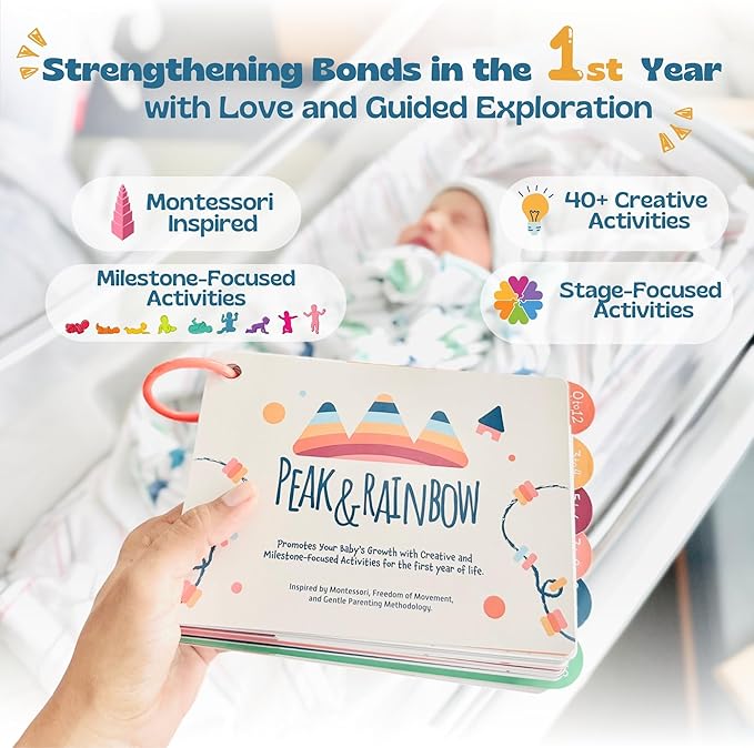Montessori Baby Activity Cards 0-12 Months | 40+ Creative Playtime Activities to Stimulate Development for Babies| Includes High Contrast Cards and Tummy Time Mirror| Baby Must Haves| New Parent Gift
