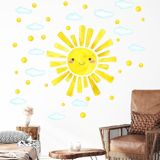 Radiant Smile Sun and Cloud Wall Decals - 12 Sheets Window Clings Watercolor Large Peel and Stick Wall Stickers for Kids Room, Nursery, Bedroom, Playroom Decor