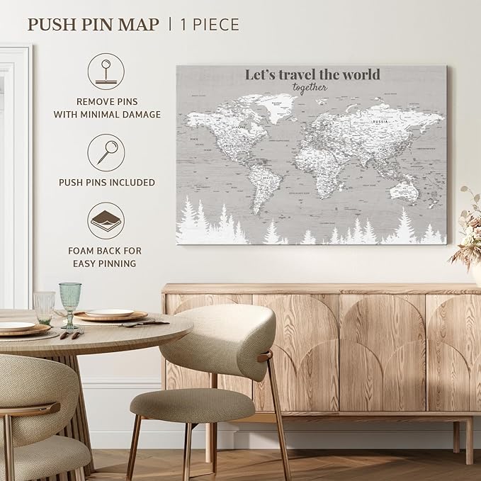 ElephantStock - Let's Travel II Push Pin World Map Wall Art - Horizontal Canvas Wall Art - Living Room Wall Decor - Digital Art Map Canvas Art - Gray And White Decor - 45" x 30"