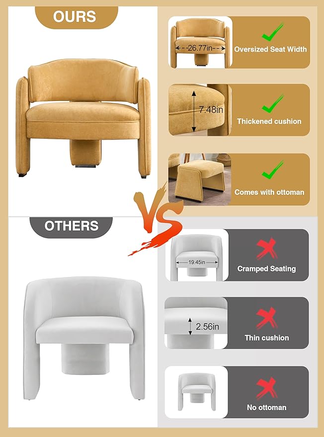 LOULENS Oversized Accent Chair with Ottoman, Modern Upholstered Barrel Chair with Footrest, Comfy Round Armchair for Living Room, Bedroom, Reading Room & Corner (1, Yellow)