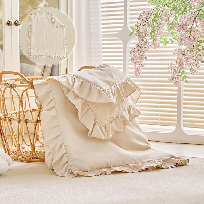 Ruffled Toddler Blanket Ruffle Comforter for Baby Toddler Girls, Soft Cozy Cute Quilted Blanket Breathable Microfiber Comfortable Down Alternative Small Size Quilt with Ruffle - 43"x 60" Cream