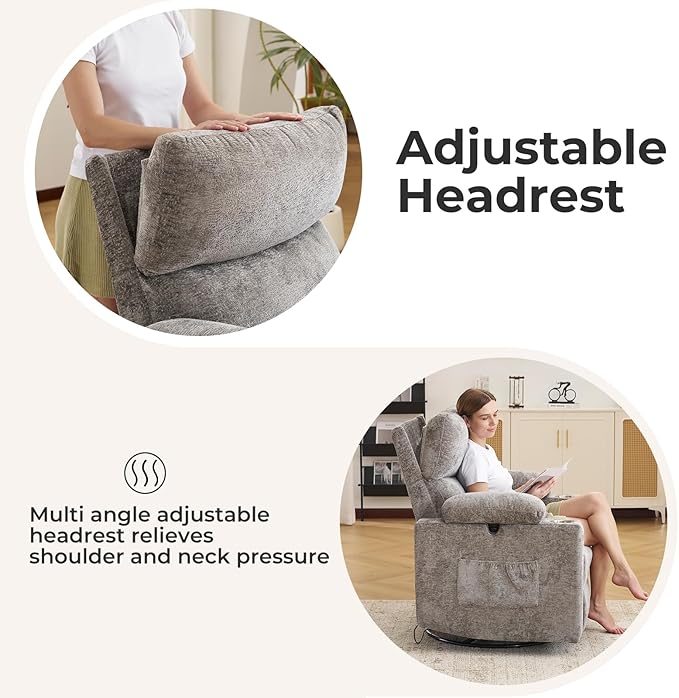 Rocking Chair Nursery with Adjustable Armrests, Electric Glider Recliner Nursing Chair for Breastfeeding, Power Swivel Recliner Chairs with Massage and Heat, Adjustable Headrest, Dark Grey
