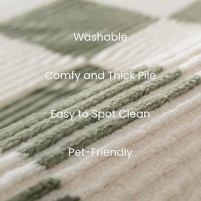 Revival Rugs Gambit 3'11"x6'1" Checkered Rug Machine Washable Area Rug for Kitchen Bedroom - 100% Recycled Oeko-TEX Certified, Medium Pile, Green, Beige