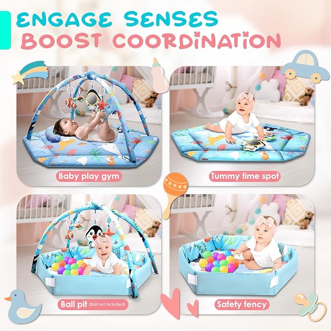 Baby Play Mat,Tummy Time Mat with 6 Detachable Toys-Activity Gym for Visual, Auditory & Motor Development-Washable Baby Activity Mat for 0-12 Month Infants(Ocean)