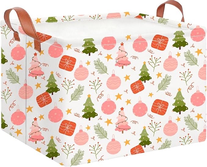CLOCOR Rectangular Storage Basket,Collapsible Cute Pattern Storage Bin,Waterproof Books Box with Handles,Gift Basket(Pink Christmas)