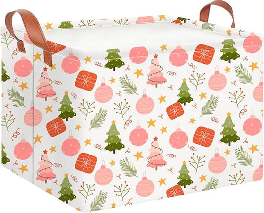 CLOCOR Rectangular Storage Basket,Collapsible Cute Pattern Storage Bin,Waterproof Books Box with Handles,Gift Basket(Pink Christmas)
