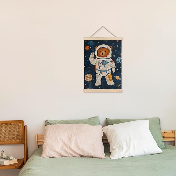 URLLUAE Astronaut Bear Space Wall Art Posters for Kids Room, Cute Outer Space Planet Poster Hanger Frame for Boys Bedroom Classroom Nursery Playroom Wall Decor, 16x24 Inch