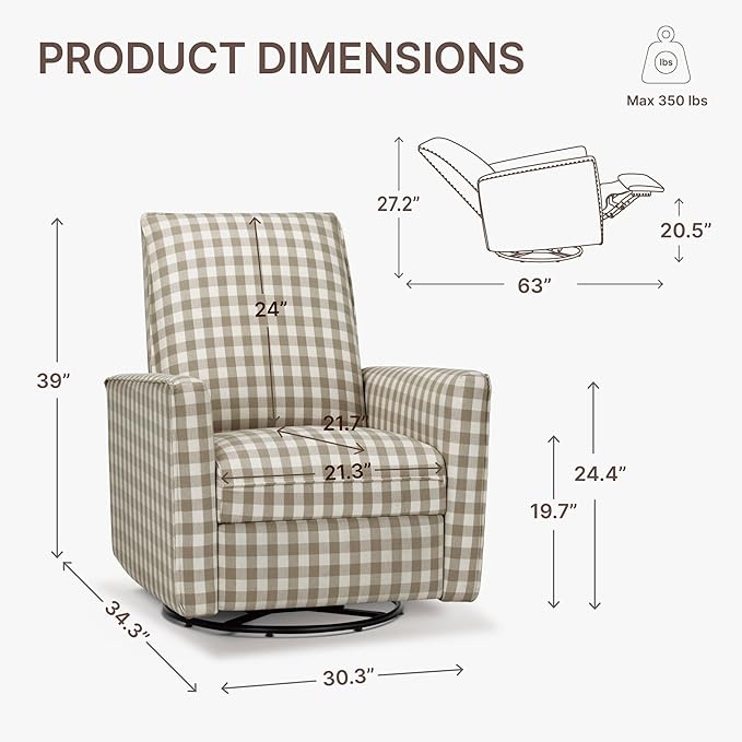 Swivel Rocker Recliner Chair, Nursery Glider Recliner Manual Rocking Comfy Upholstered Fabric Reclining Single Sofa for Nursery Bedroom Living Room