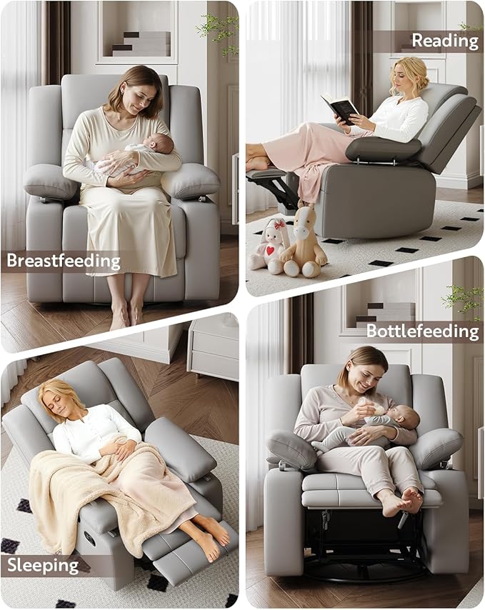 AILEEKISS Rocking Chair Nursery Swivel Recliner Glider Chair with Adjustable Armrests,Headrest Rocker Nursing Chair for Breastfeeding Comfy Upholstered Living Room Reclining Chairs for Bedroom(Grey)