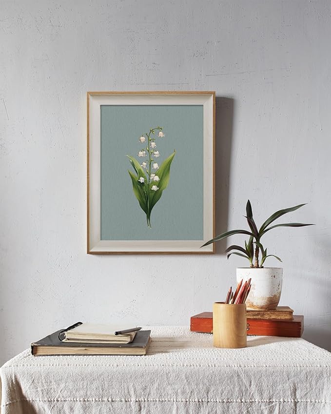 ARPEOTCY Framed Canvas Wall Art, 12x16 Inch Lily of the Valley Plant Painting, Vintage Botanical Flower Print for Bedroom, Bathroom, or Kitchen, Cottage Core Natural Wall Decor