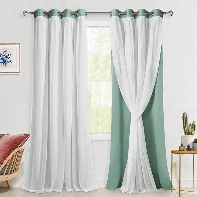 Hiasan Light Sage Green Double Layer Blackout Curtains with Sheer Overlay, Extra Long Mix & Match Thermal Insulated Grommet Window Curtains for Bedroom, Living Room, 2 Panels with Tiebacks, 52W X 108L