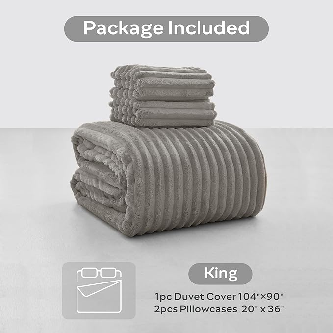 JELLYMONI Plush Duvet Cover Set - King Size Light Gray Striped Fluffy Comforter Cover 3pcs Bedding Set Luxury Ultra Soft Faux Fur Duvet Cover with Zipper and 2 Pillowcases (NO Comforter)