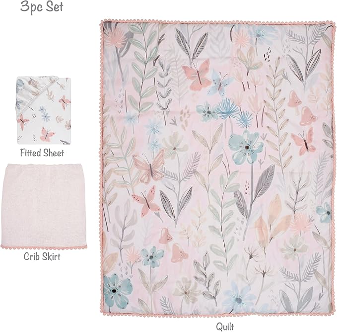 Lambs & Ivy Baby Blooms 3-Piece Pink Floral/Butterfly Baby Crib Bedding Set
