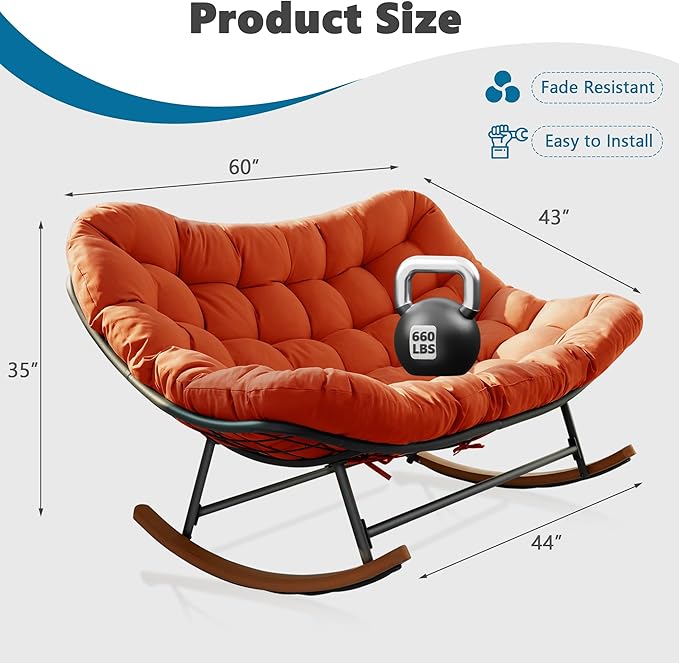 Double Papasan Rocking Chair Outdoor & Indoor, Oversized Rocking Reclining Loveseat with Thick Cushion and Frame, 660LBS Capacity Rocking Egg Chair for Patio Porch Living Room, Red
