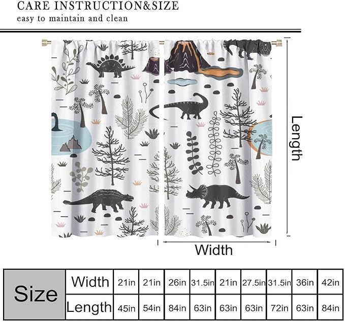 Funny Dinosaur Curtains Cute Dino Cartoon Animals Abstract Aesthetics Art Print for Kids Girls Boys Bedroom Living Room Rod Pocket Decoration Window Drapes 2 Panels W21xL63in