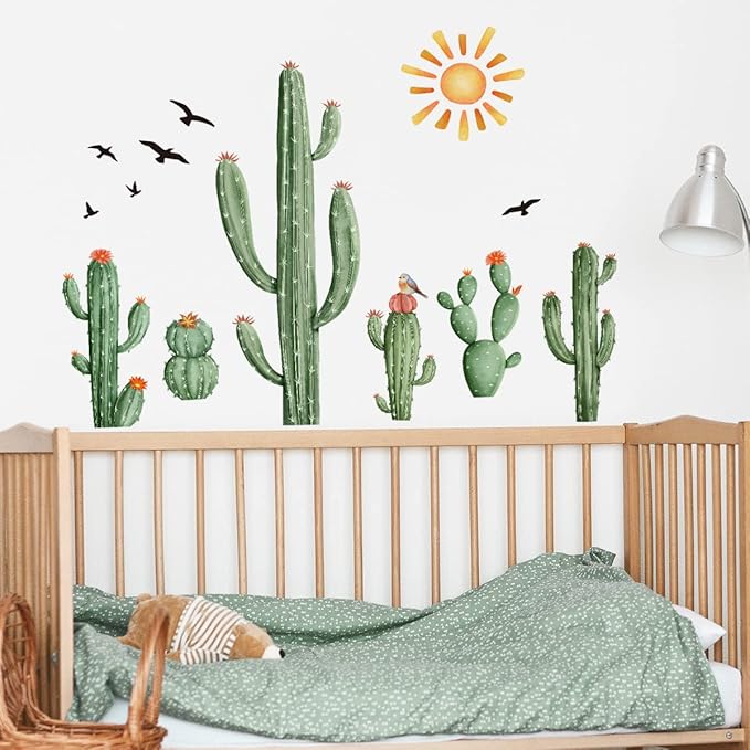 Boho Cactus Wall Decals Boho Sun Wall Stickers Tropical Cacti Green Plants with Birds Wall Decals for Living Room, Bedroom, Kitchen, Dining Room