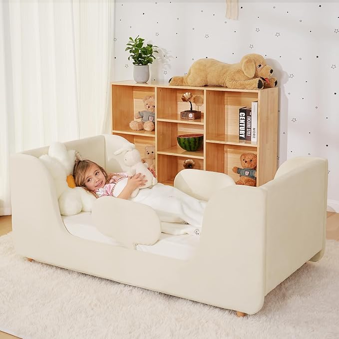 Toddler Bed, Whole Soft Padded Toddlers Floor Bed Frame, Kids Beds with Extra Safety Broad, Toddler Beds for Girls Boys Children - Standard Crib Size (Mattress NOT Included)