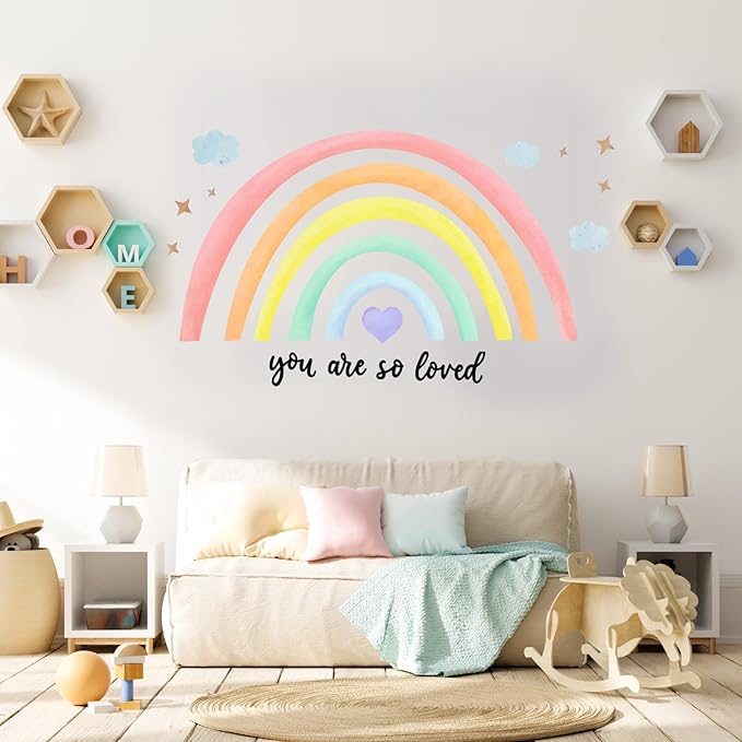 Containlol Rainbow Wall Decals, Playroom Wall Decor for Girl Room, Watercolor Peel and Stick Wallpaper, Boho Wallpaper 30 x 14 Inch Heart Art Stickers for Toddler Bedroom Nursery(Light Color,Lively)