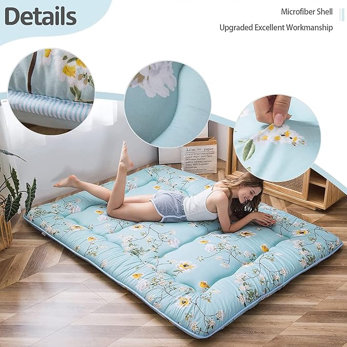 MAXYOYO Rustic Floral Korean Floor Mattress, Foldable Bed Roll Up Camping Mattress, Twin Size