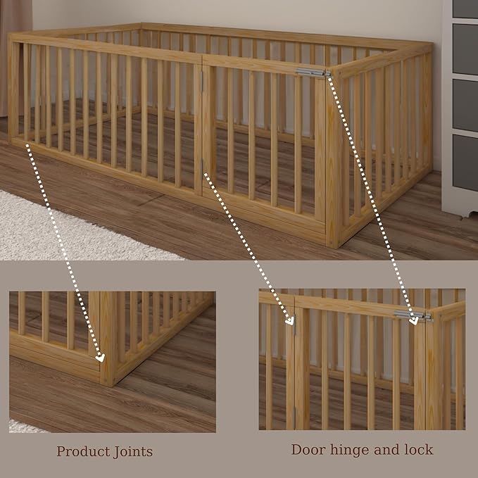 Montessori Floor Bed with Door On The Right Side for Toddler | Pine Wood Natural Solid Frame Beds | Sturdy Modern Design Floor Bed Frame for Boy and Girls (Crib, Height: 23.6 Inches)