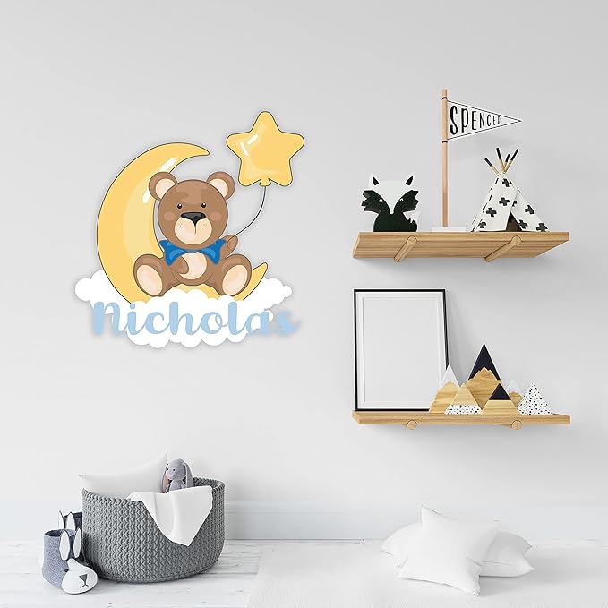 Custom Name Cute Bear Clouds Moon and Star I Wall Decal for Bedroom I Wall Decoration for Baby Room I Wall Stickers for Baby Boy & Girl I Multiple Customization Options