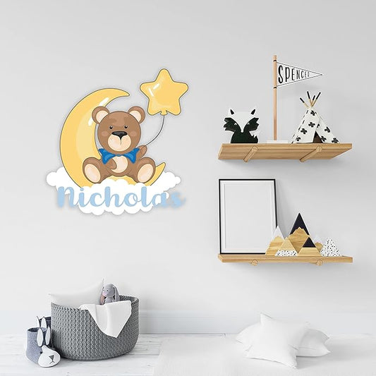 Custom Name Cute Bear Clouds Moon and Star I Wall Decal for Bedroom I Wall Decoration for Baby Room I Wall Stickers for Baby Boy & Girl I Multiple Customization Options