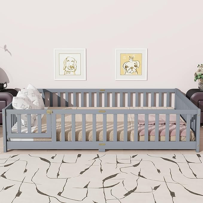 Queen Size Floor Bed with Door & Fence for Kids Boys Girls,Montessori Floor Bed with Roof & Full-Length Guardrails,Easy Assembly & No Box Spring Needed, Grey
