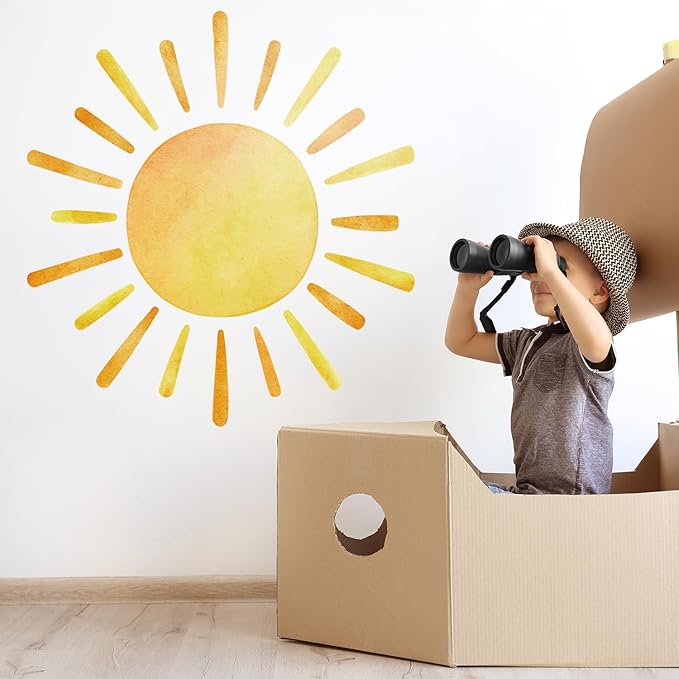 41.7” X 39.8” Watercolor Boho Sun Wall Decals Peel and Stick, PVC Sunrise Wall Stickers, Yellow Sunshine Wall Art Decor for Kids Room Playroom Nursery Bedroom