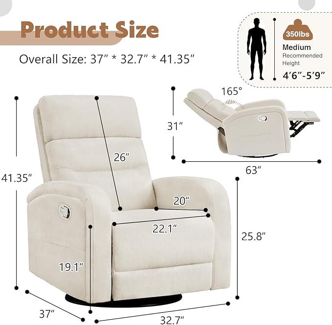 Nursery Rocking Recliners, 360° Swivel Glider Rocker Recliner with Double Pockets, Manual Nursery Glider Rocker Recliner for Living Room, Chenille White