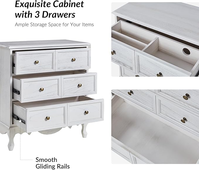HULALA HOME 3-Drawer Nightstand with Charging Station, Drawer Organizer with Wood Legs, Farmhouse Solid Wood Nightstand(White)