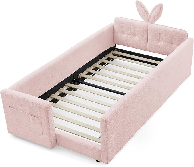 Twin Bed with Rails, Montessori Bed Frame for Toddlers, Boucle Upholstered Platform Bed with Rabbit Ear Headboard, for Kids & Teens, Pink