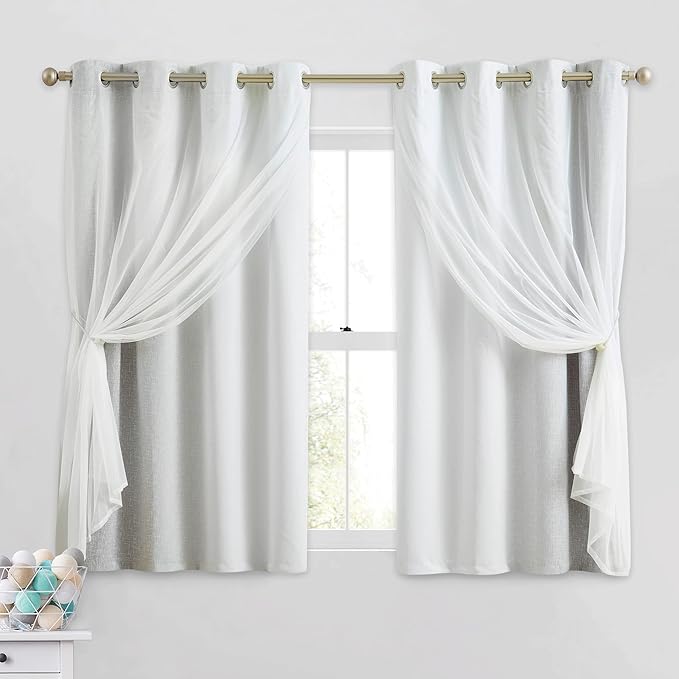 100% Blackout Curtains with Sheer Overlay Mix and Match Double Layer Drapes 54 Inch Length 2 Panels for Bedroom Living Room Grey White Ombre Grommet Window Treatment with Tiebacks