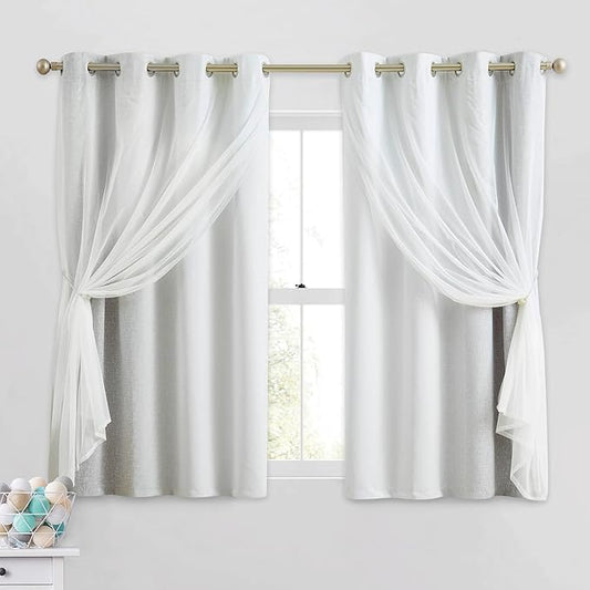 100% Blackout Curtains with Sheer Overlay Mix and Match Double Layer Drapes 54 Inch Length 2 Panels for Bedroom Living Room Grey White Ombre Grommet Window Treatment with Tiebacks