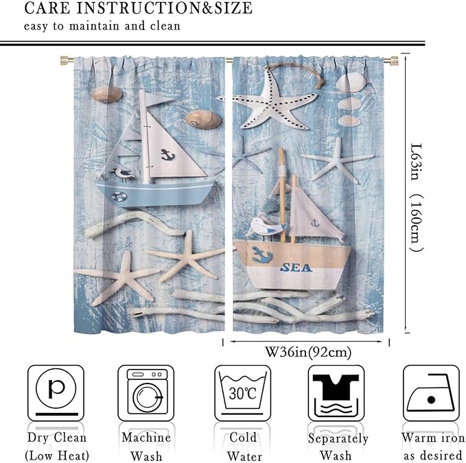 Nautical Curtain,Navy Anchor Sailing Map Starfish Seashells Bedroom Curtain,Waterproof Washable Fabric for Bedroom Decor Set 2 Panels,72x63 Inches