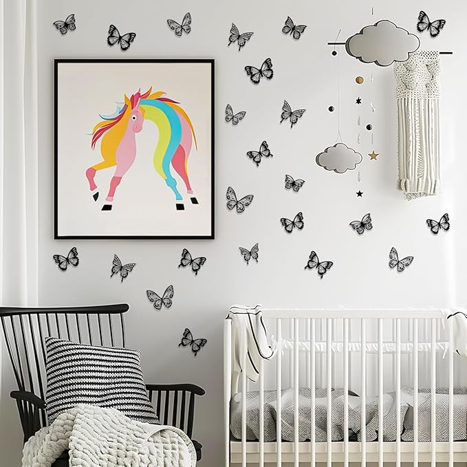 60Pcs Butterfly Wall Stickers 3D Butterflies Stickers Removable Mural Decor for Kids Room Bedroom Decor Living Room Decor (Black)