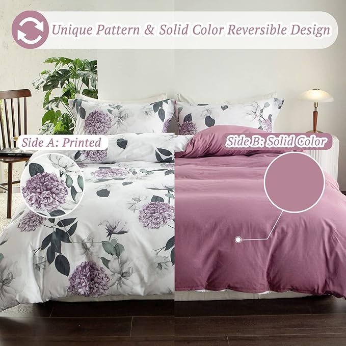 MILDLY 100% Washed Cotton Duvet Cover - Hydrangea Floral Comforter Cover Set Botanical Flower Pattern Bedding Set with Zipper Closure 4 Ties Full Size
