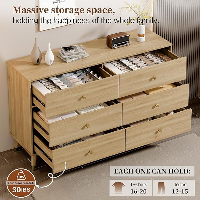 6 Drawer Dresser,47" Wide Mid Century Chest of Drawers,Wooden Bedroom Drawer Dresser with 6 Storage Drawers for Bedroom,Living Room,with Anti-Tipping Device,Wood