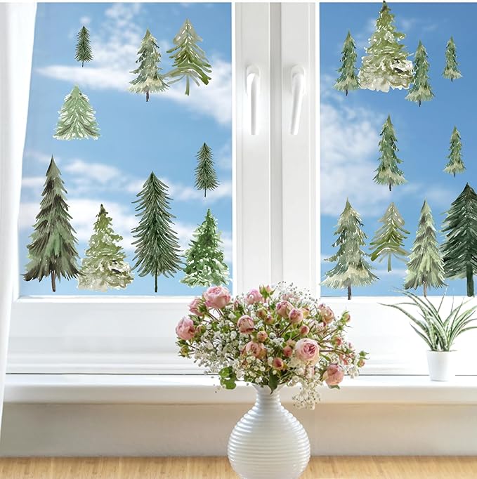 Watercolor Tree Wall Stickers Small Pine Tree Wall Decal Green Trees Wall Window Stickers Removable Forest Trees Decals Peel and Stick Small Tree Wall Decals for Bedroom Living Room