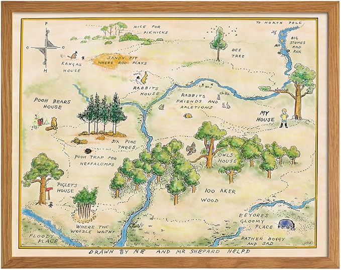 Winnie Pooh Nursery Decor FRAMED - LARGE 11X14 - Toddler Baby Room Wall Art - Little Boys Bedroom Decor - Baby Shower Decorations - Vintage Hundred Acre Wood - Kids Wall Art - Girls Room Decoration