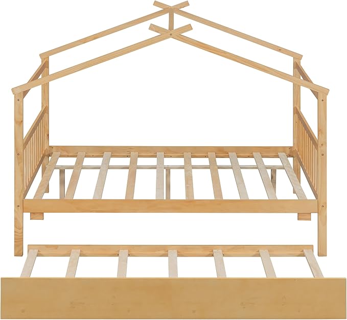 Harper & Bright Designs Full House Bed for Kids, Wood Montessori Beds with Trundle, Full Platform Bed Frame with Roof, Playhouse Bed for Kids,Teens, Bedroom, Natural