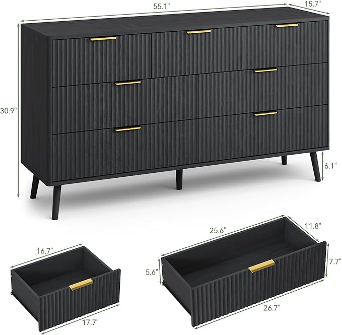 LYNSOM 55" Wide Fluted Dresser for Bedroom with 6 Drawer, Modern Chest of Drawers with Curved Profile Design and Metal Handles, Wood Dresser TV Stand & Storage Organizer for Living Room, Black