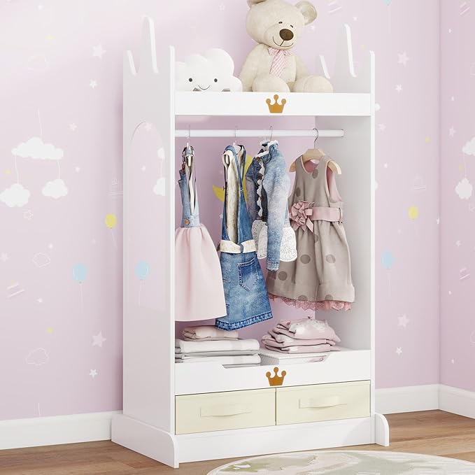Kids Dress Up Storage with Mirror, Kids Costume Wardrobe with Shelves & Non-Woven Drawers, Children Open Hanging Armoire Costume Organizer for Kids Room, Nursery, Preschool, White