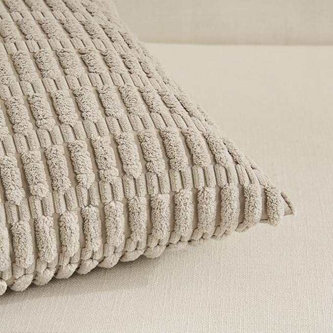 Fancy Homi 2 Packs Taupe Decorative Throw Pillow Covers 16x16 Inch for Living Room Couch Bed Sofa, Rustic Farmhouse Boho Home Decor, Soft Striped Corduroy Square Cushion Case 40x40 cm