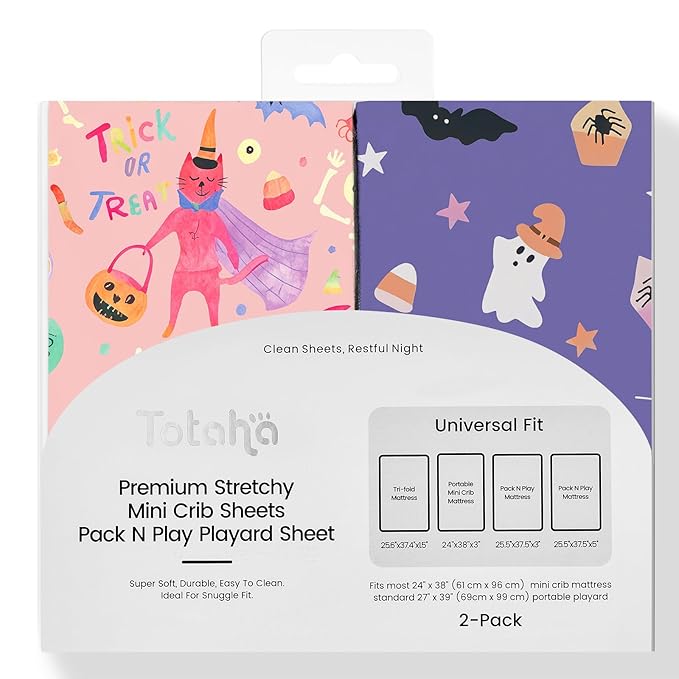 Halloween Mini Crib Sheets Fits Standard Size 39" X 27" Playpen Mattress, Premium Soft Pink Pumpkin Pack and Play Sheets Fitted Neutral, 2-Pack Playard Sheets, Boo, Trick or Treat