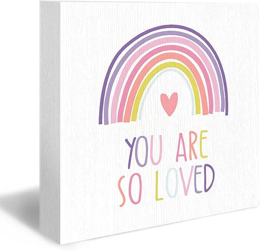 Boho Rainbow Kids Nursery Wood Box Sign - Inspirational Desk Shelf Decor, You Are So Loved Colorful Rainbow Wooden Block Plaque Box Sign for Home Kids Room Nursery Playroom Decorations