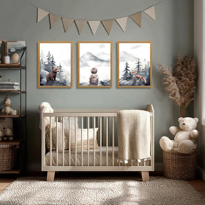 kilamino Neutral Woodland Wild Animal Wall Art, Cute Bear Fox Nursery Wall Decor, Adventure Boy Poster Prints, Vintage Forest Animal Canvas Paintings for Baby Room Playroom Wood Framed 12"x16"x3