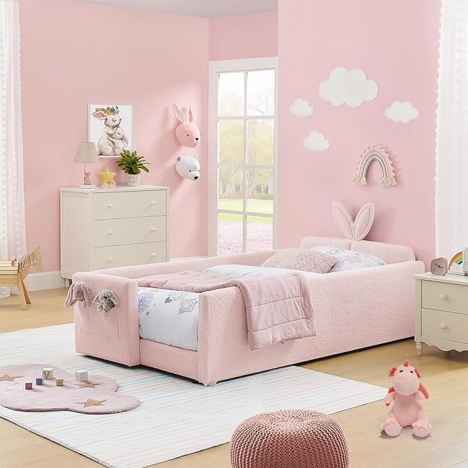 Twin Size Kids Bed with Rabbit Ear Headboard, Upholstered Boucle Fabric Twin Daybed with Slats Support & Side Pockets, Space-Saving Wooden Corner Sofa Couch Bed Frame, for Girls, Boys, Teenager(Pink)