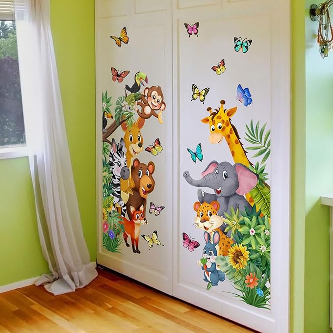 Jungle Forest Animals Wall Decals Animal Door Sticker Removable Reusable Peel Stick Elephant Lion Zebra Giraffe Safari Mural Art Nursery Kids Room Baby Bedroom Playroom Daycare Living Room